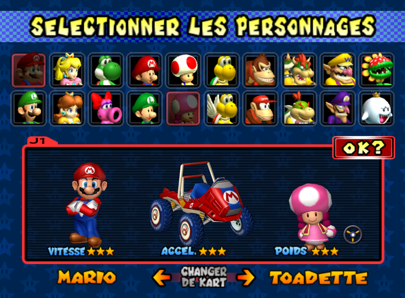 Écran du choix des véhicules MKDD