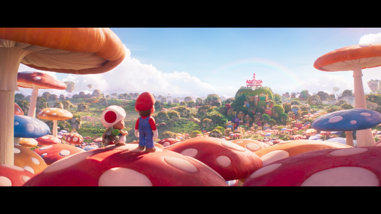 Mario et Toad regardant le château de Peach au loin