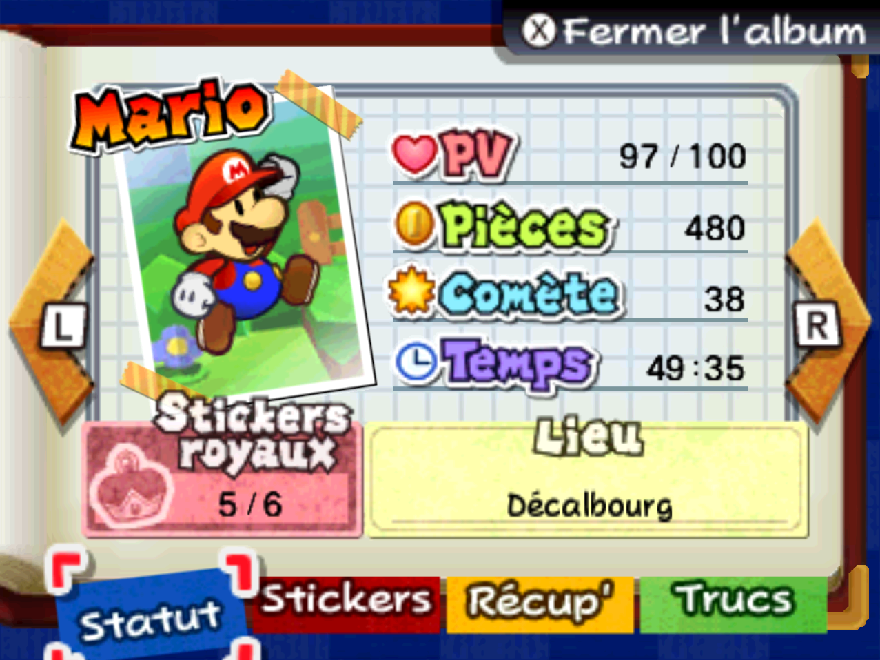 Menu Stats de Paper Mario: Sticker Star